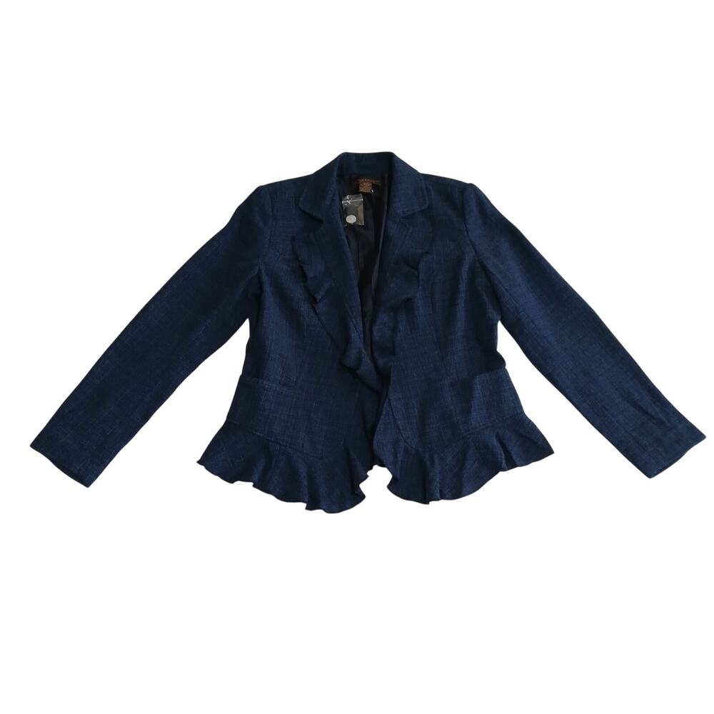 Chadwick's Blazer Women 10 Navy Blue Ruffle Peplum Tailored Long Sleeve Jacket
